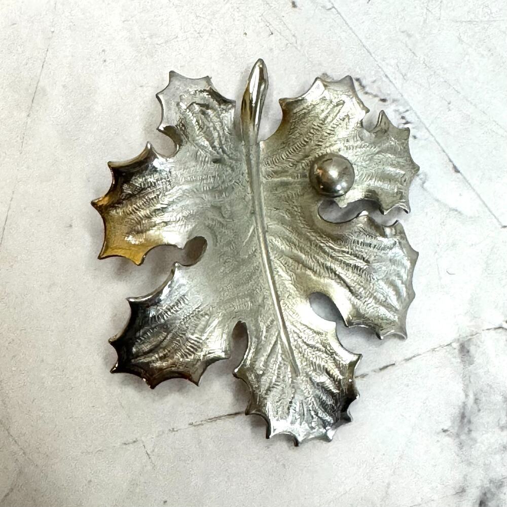 Vintage Giovanni Brooch Silver Toned Leaf Dew Drop Signed 2" Pin Fall Autumn